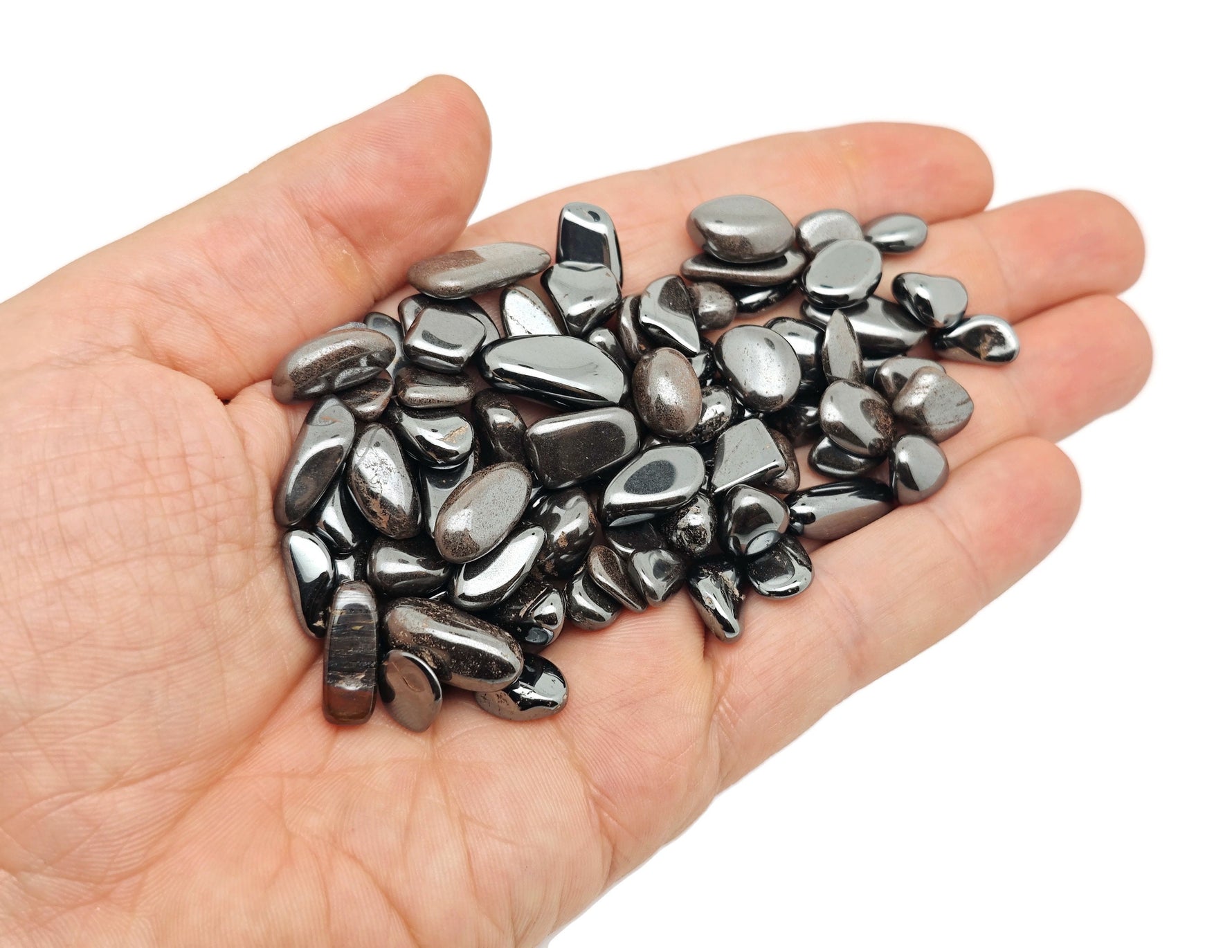 Semi-tumbled hematite crystal chips from GemstoneGO, 7-12mm bulk stones for jewelry and craft projects.