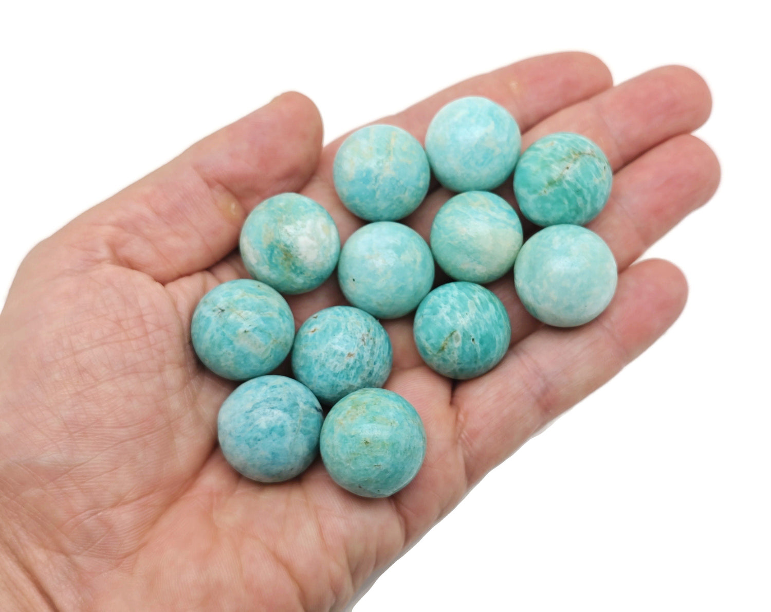 20mm Amazonite sphere gemstone from GemstoneGO, featuring a smooth, polished crystal ball with vibrant blue-green hues.