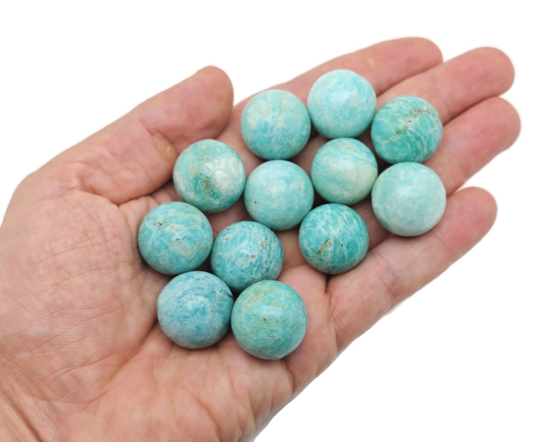 20mm Amazonite gemstone sphere, smooth crystal ball with vibrant blue-green color, by GemstoneGO.