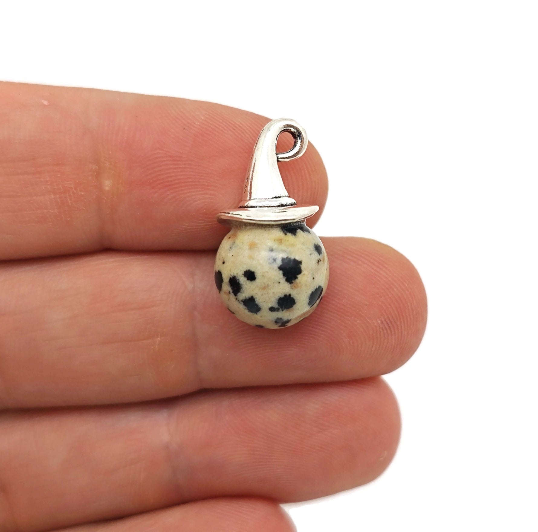Halloween hat-shaped gemstone pendant featuring a sphere gemstone, ideal Halloween crystal gift by GemstoneGO.
