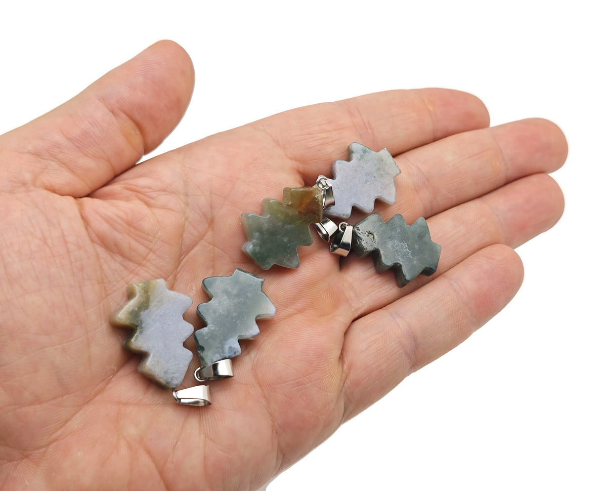Moss Agate pine tree gemstone pendant from GemstoneGO featuring a mini crystal design against a neutral background.