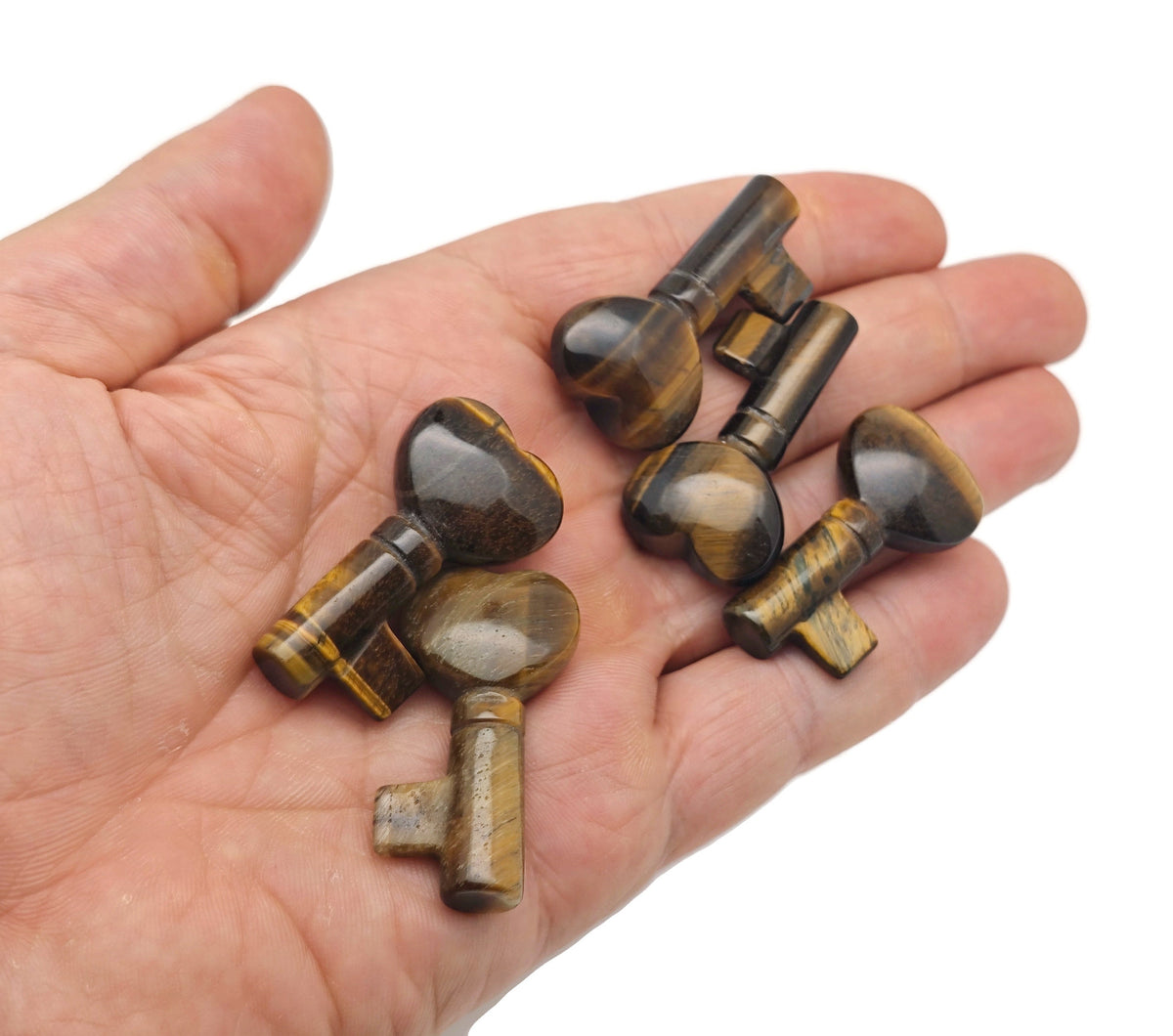 Tiger Eye gemstone carver key with 40mm size from GemstoneGO, showcasing the polished, golden-brown stone's natural chatoyancy.