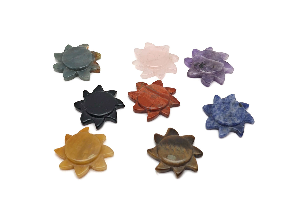 Hand-carved sun-shaped gemstone pendant from GemstoneGO, ideal for jewelry making, featuring a vibrant mixed gemstone design.