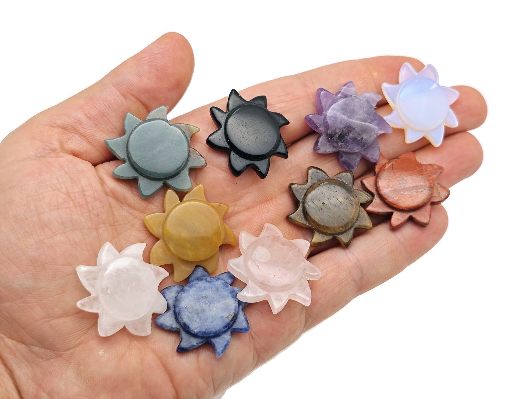Colorful Sun gemstone carving for jewelry making, wholesale GemstoneGO mixed set, showcasing vibrant natural gemstone pieces.