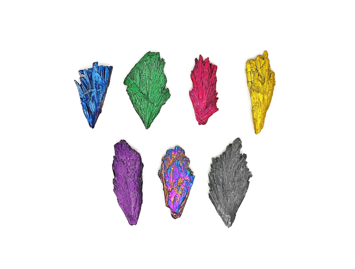 Aura Kyanite fan gemstone in various colors, raw crystal with fan shape, vibrant and natural stone from GemstoneGO.