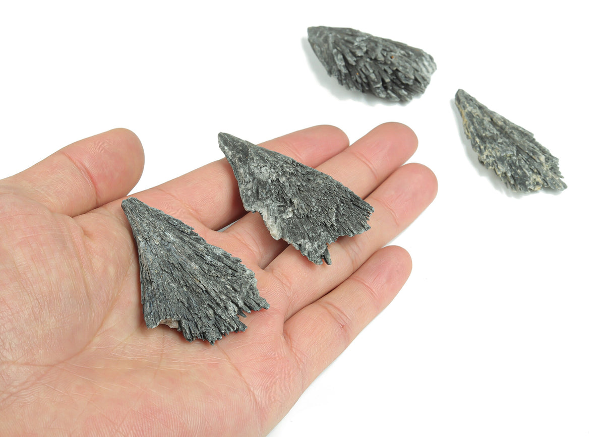 Aura Kyanite fan gemstone in various colors, raw crystal form, showcasing vibrant, natural mineral textures and fan-shaped structure.