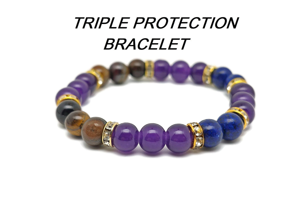 Handmade triple protection gemstone bracelet with colorful beads, designed for positive energy and intention, from GemstoneGO.