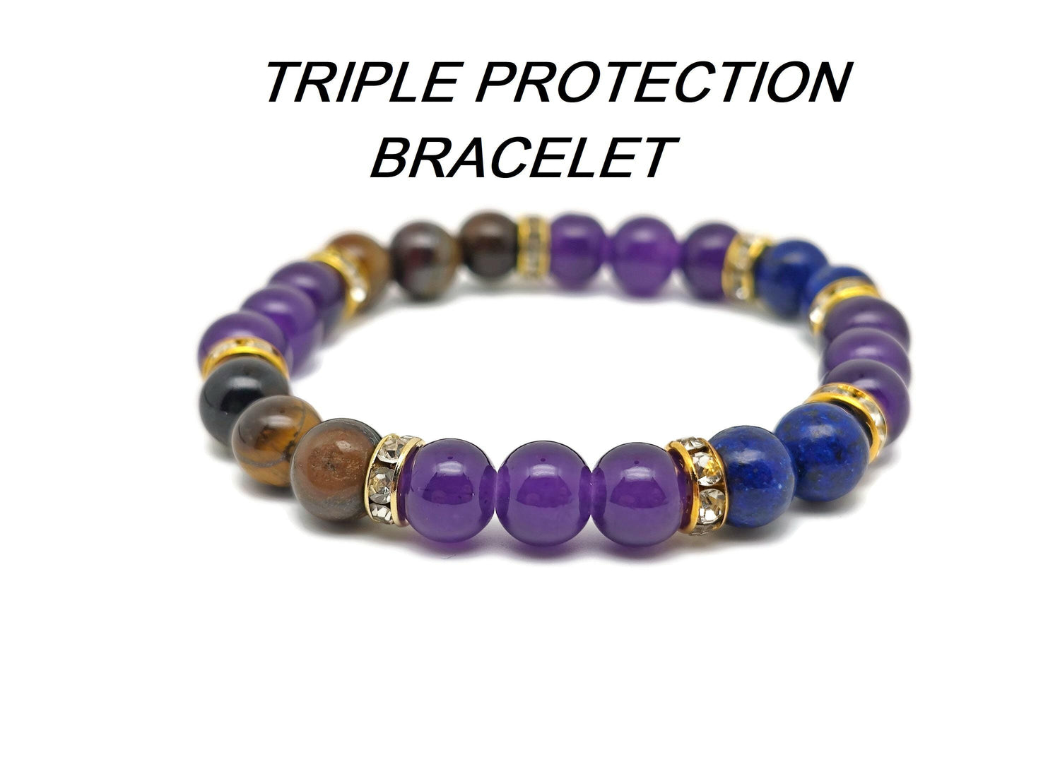 Handmade triple protection gemstone bracelet with colorful beads and adjustable cord, designed for positive energy and intention.