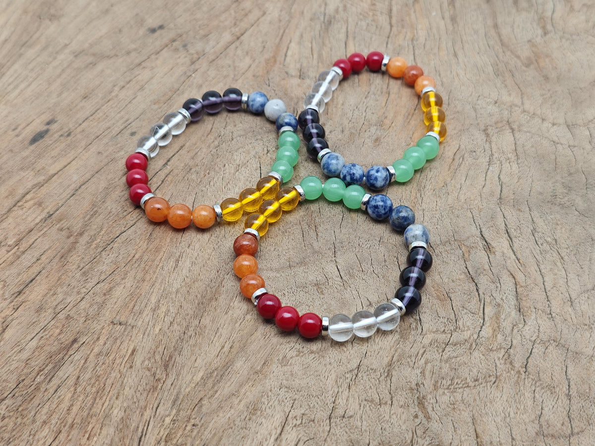 Handmade 7 Chakra gemstone bracelet from GemstoneGO featuring colorful gemstones and adjustable cord for spiritual balancing.