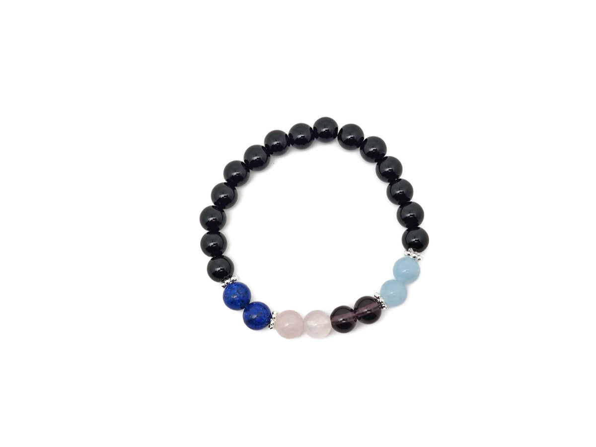 Handmade Throat Chakra gemstone bracelet with blue stones, featuring a silver charm, designed for intention and chakra balancing.