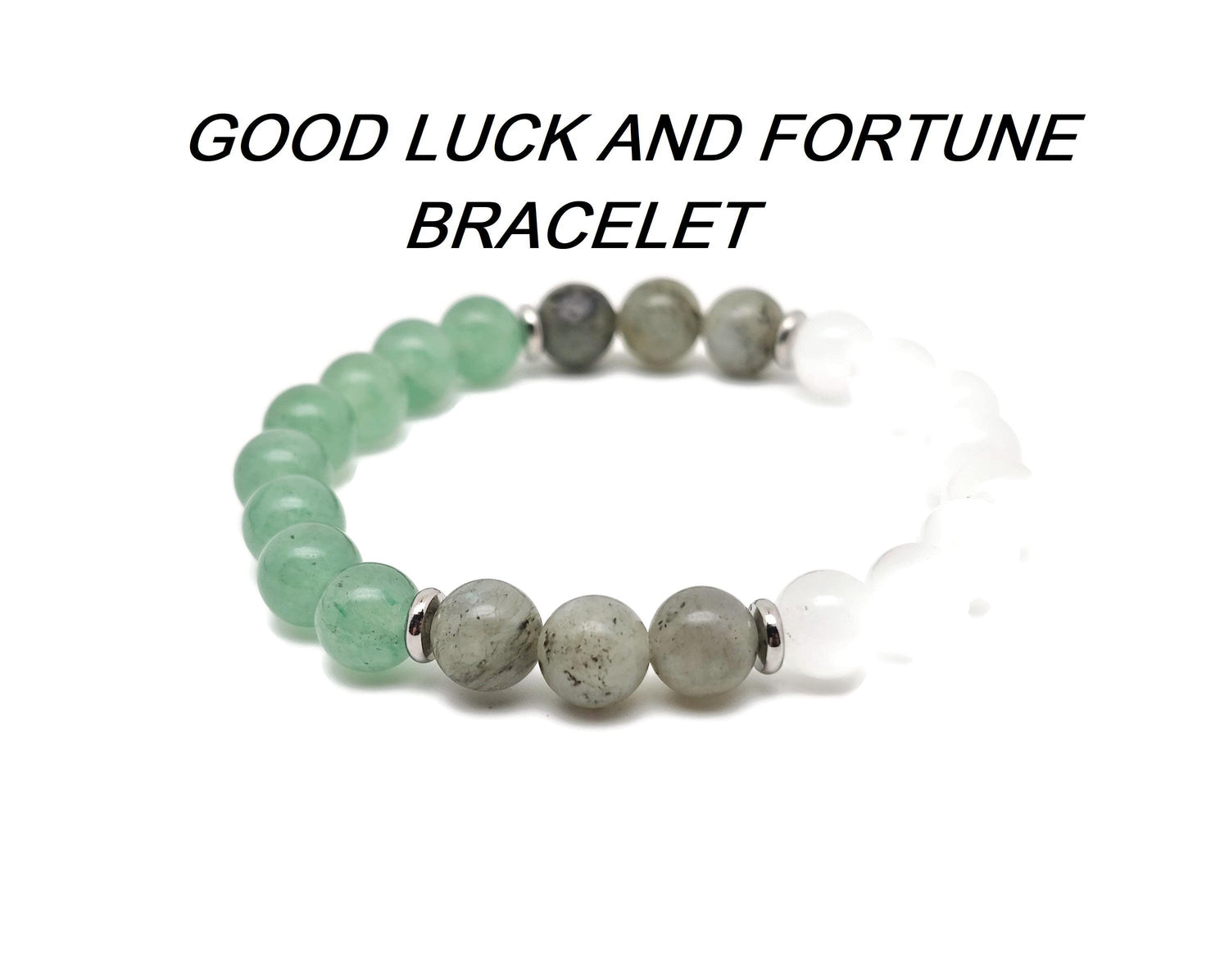 Handmade gemstone bracelet with good luck and fortune charms, featuring colorful beads and a natural gemstone design.