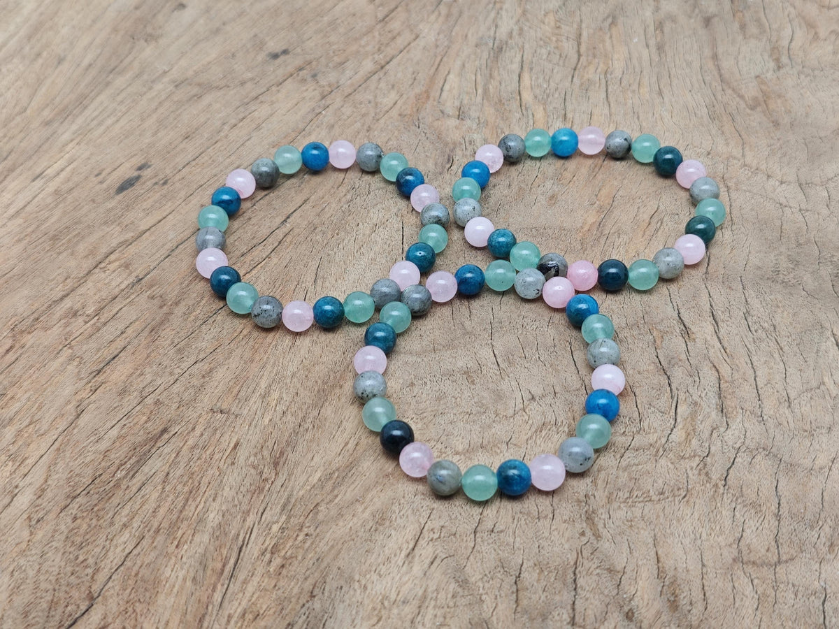 Handmade Wisdom gemstone bracelet featuring colorful beads and a charm, designed for intention and spiritual focus.