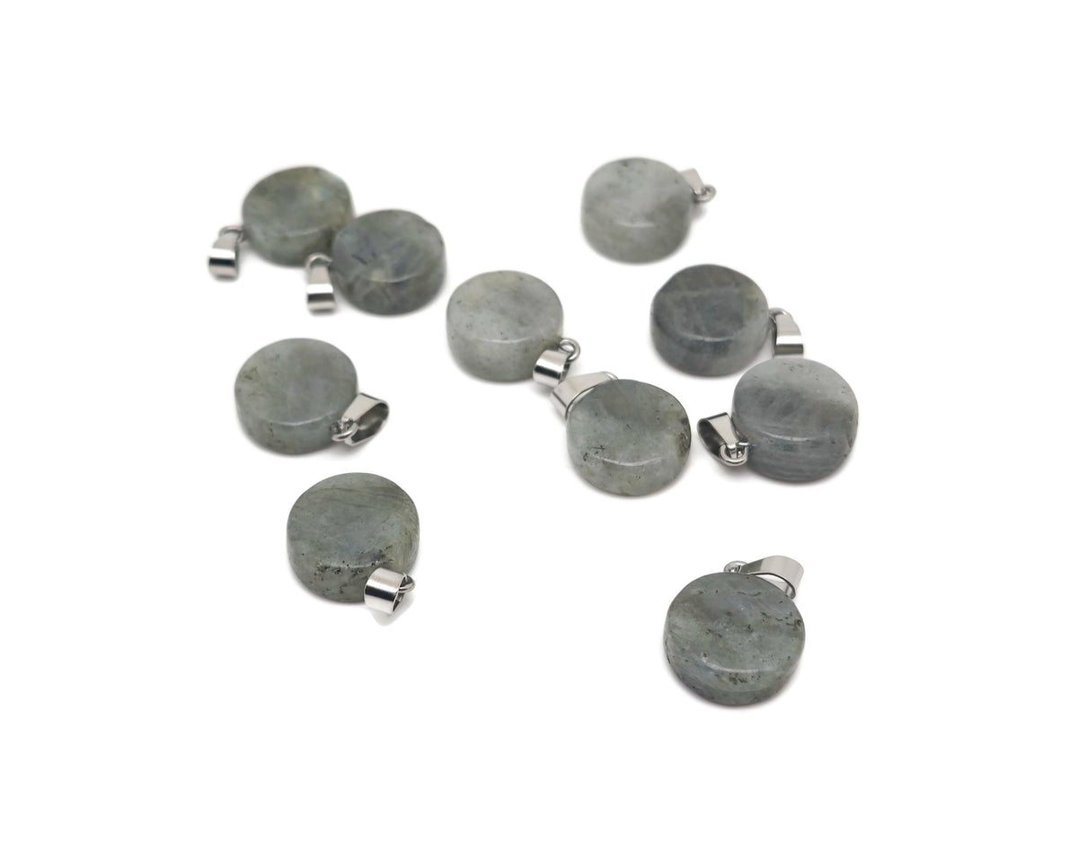Labradorite gemstone pendant featuring a flat round coin shape with iridescent blue and green flashes, from GemstoneGO.