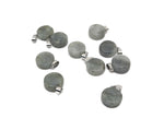 Labradorite gemstone pendant featuring a flat round coin shape with iridescent blue and green flashes, from GemstoneGO.