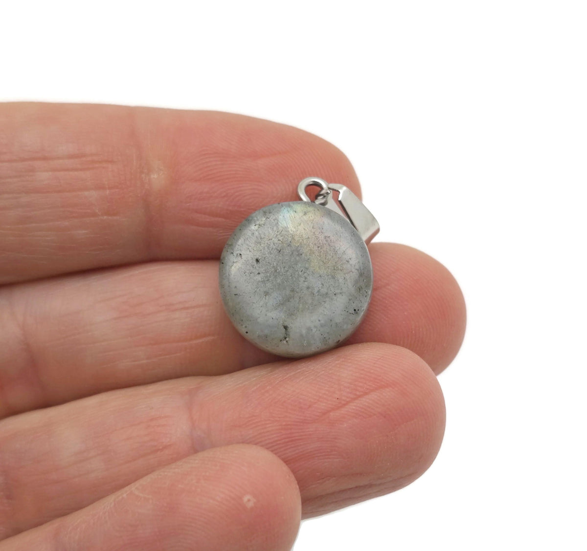 Labradorite flat round gemstone pendant with iridescent crystal finish, featuring a coin-shaped design by GemstoneGO.