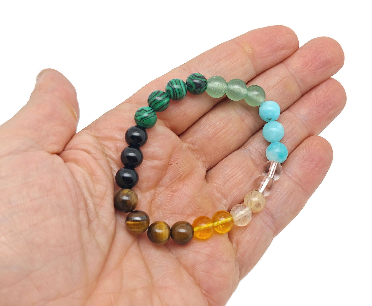 Handmade gemstone bracelet featuring colorful beads, designed for positive intentions and stylish wear by GemstoneGO.