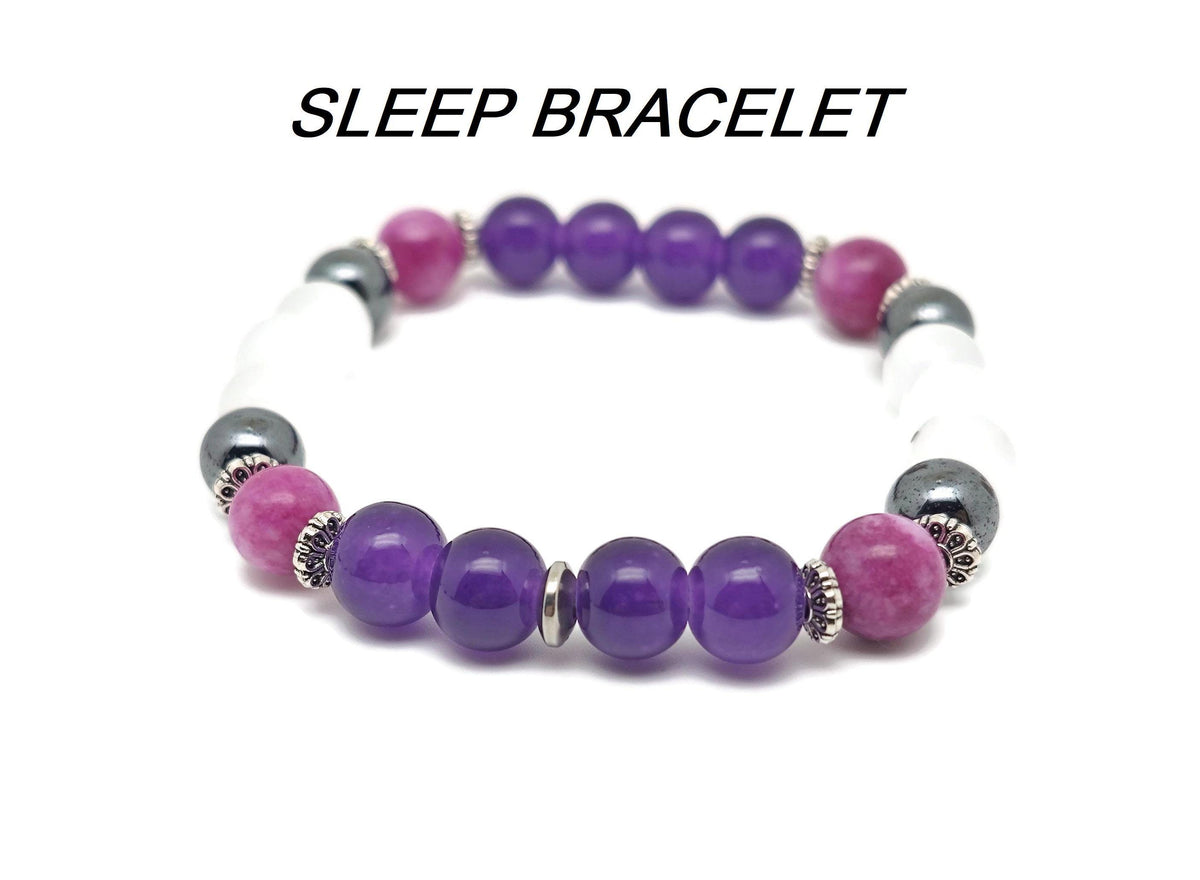 Handmade gemstone sleep bracelet with natural stones and intention accents, designed for relaxation and restful sleep by GemstoneGO.