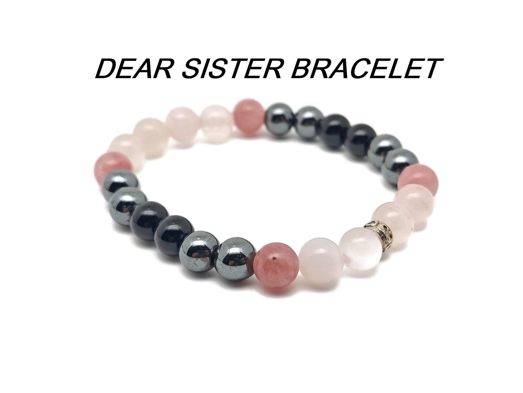 Handmade Dear Sister gemstone bracelet with colorful beads and charm, designed as an intention bracelet by GemstoneGO.