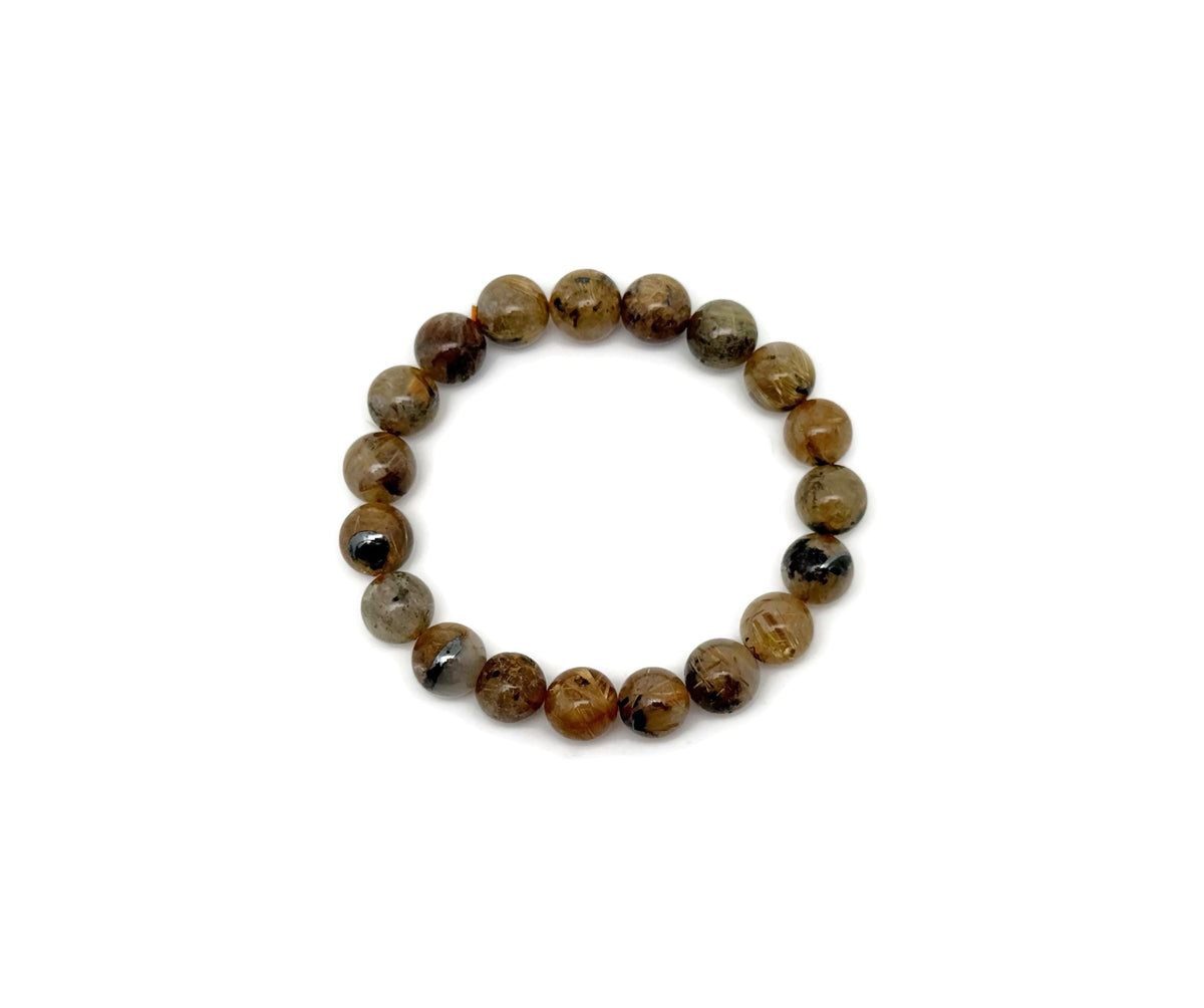 Golden rutilated quartz beaded bracelet by GemstoneGO featuring stretchy design and crystal healing properties for men and women.