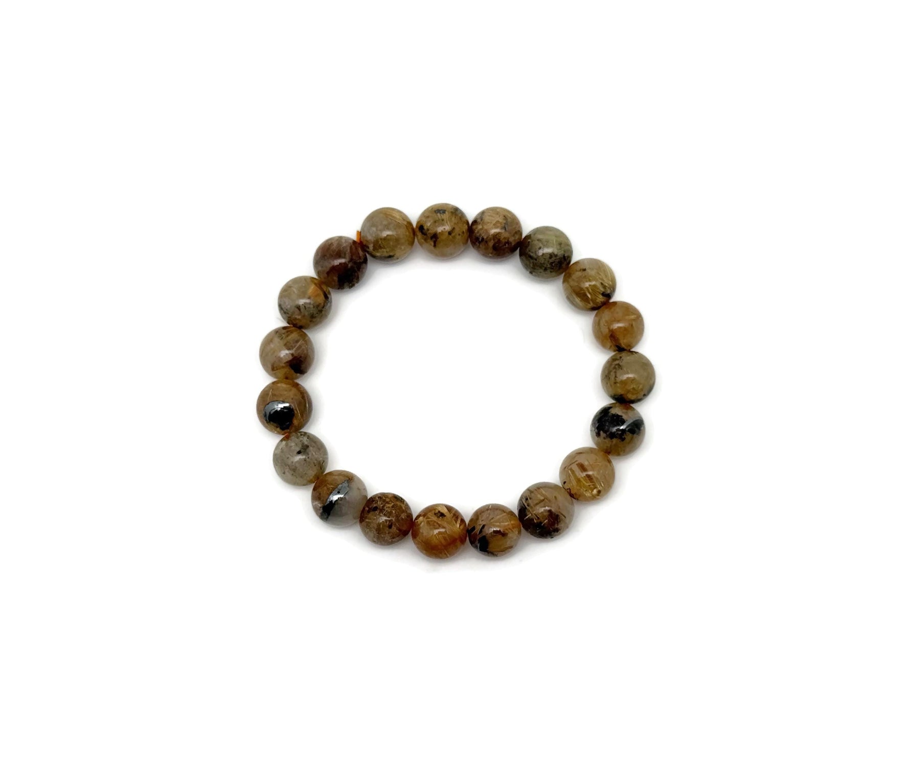 Golden rutilated quartz beaded bracelet by GemstoneGO featuring stretchy design and crystal healing properties for men and women.