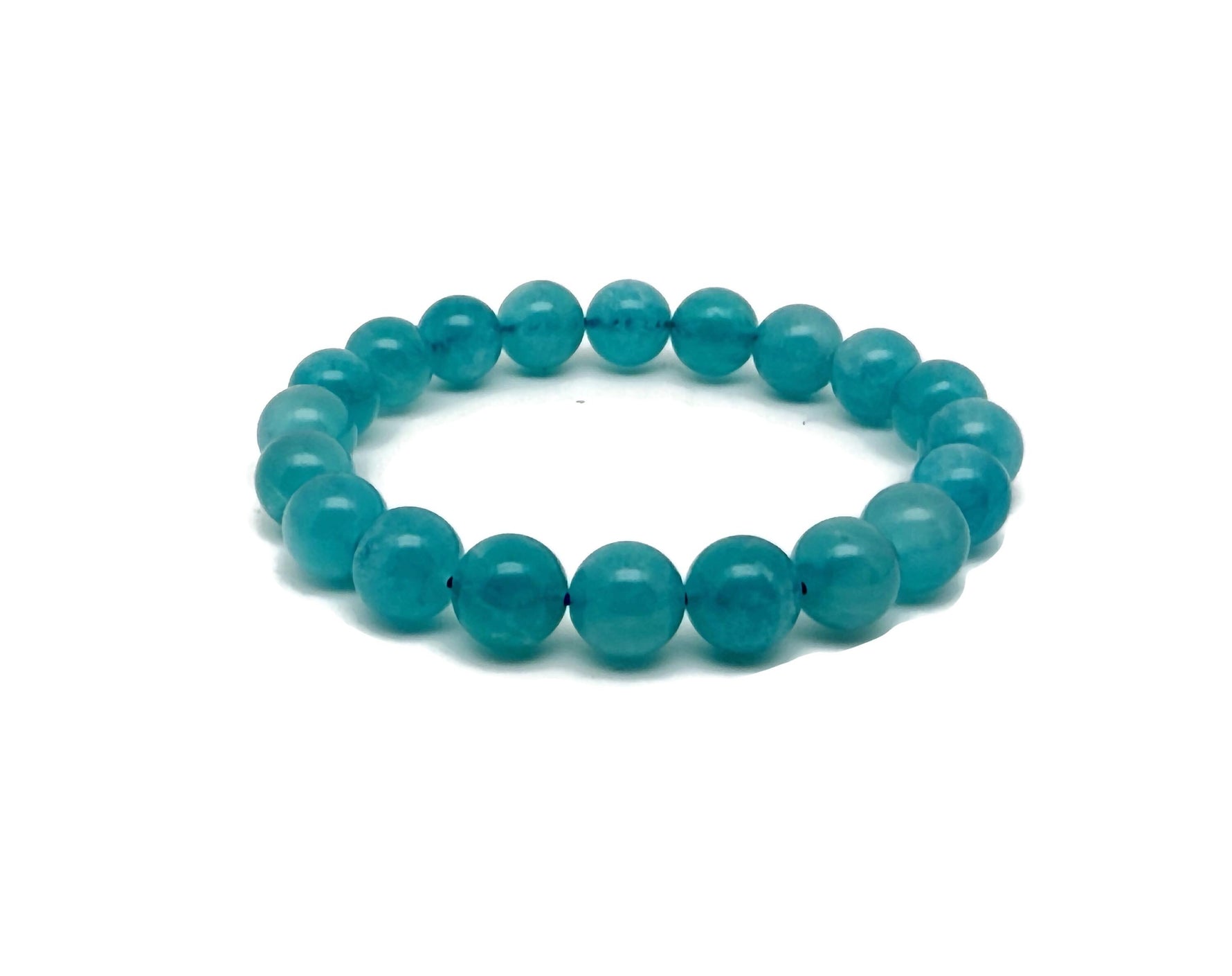 Amazonite beaded crystal bracelet for men and women, stretchy jewelry with blue-green stones for crystal healing.