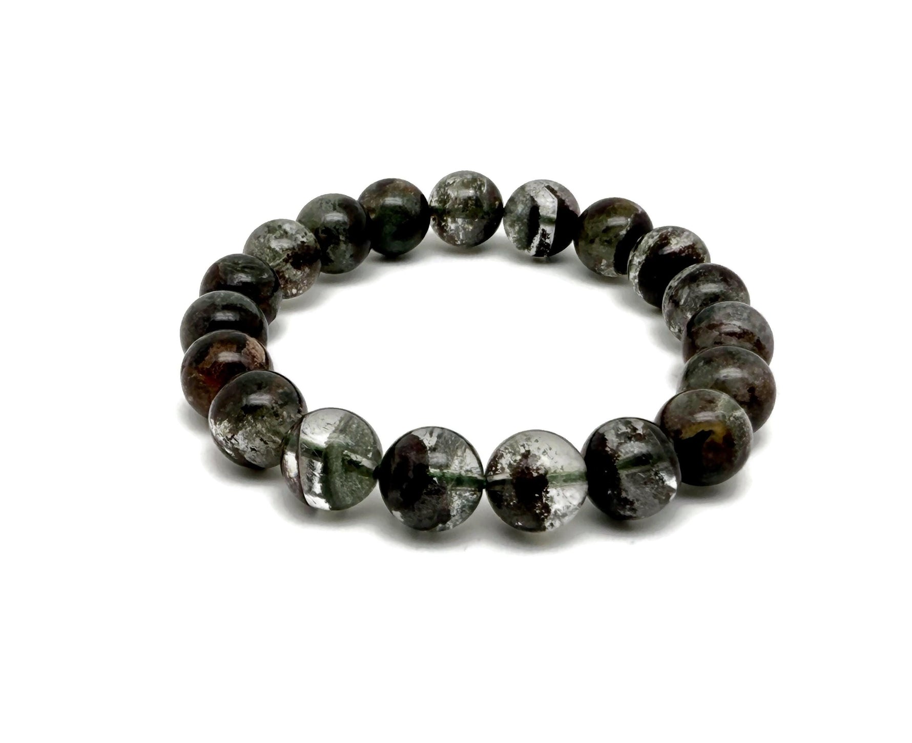 Lodolite Garden Quartz beaded crystal bracelet for men and women, stretchy jewelry with healing properties.