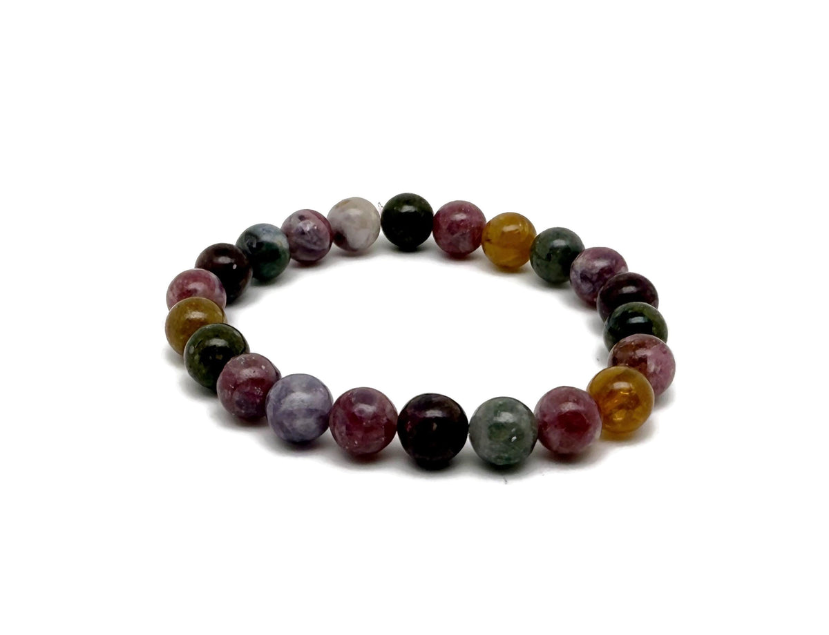 Rainbow tourmaline beaded crystal bracelet for men and women, stretchy design, gemstone healing jewelry from GemstoneGO.