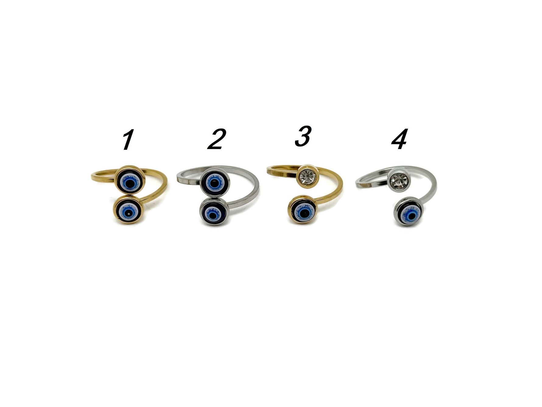 Dainty evil eye ring in gold and silver jewelry by GemstoneGO, featuring a minimalistic design for friendship or birthday gift.