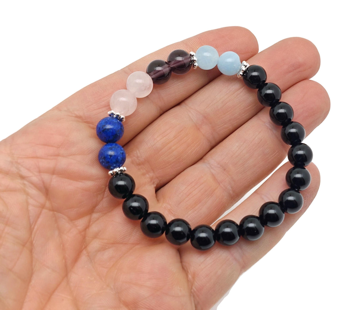 Handmade Throat Chakra gemstone bracelet with blue beads, designed for intention and balancing the throat chakra.
