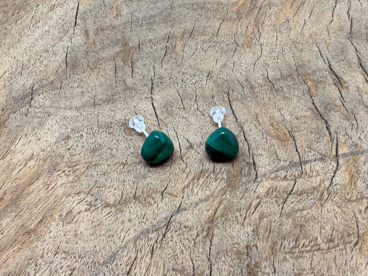 Sterling silver Malachite heart stud earrings with vibrant green gemstone accents, showcasing elegant jewelry design.