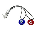 Blue and red glass evil eye necklace featuring gemstone accents, designed to ward off negative energy and serve as stylish jewelry.