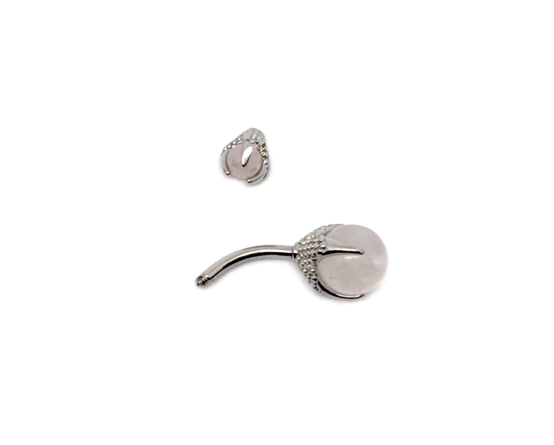 Rose quartz belly button ring in silver stainless steel with a gemstone design, perfect for navel piercing.