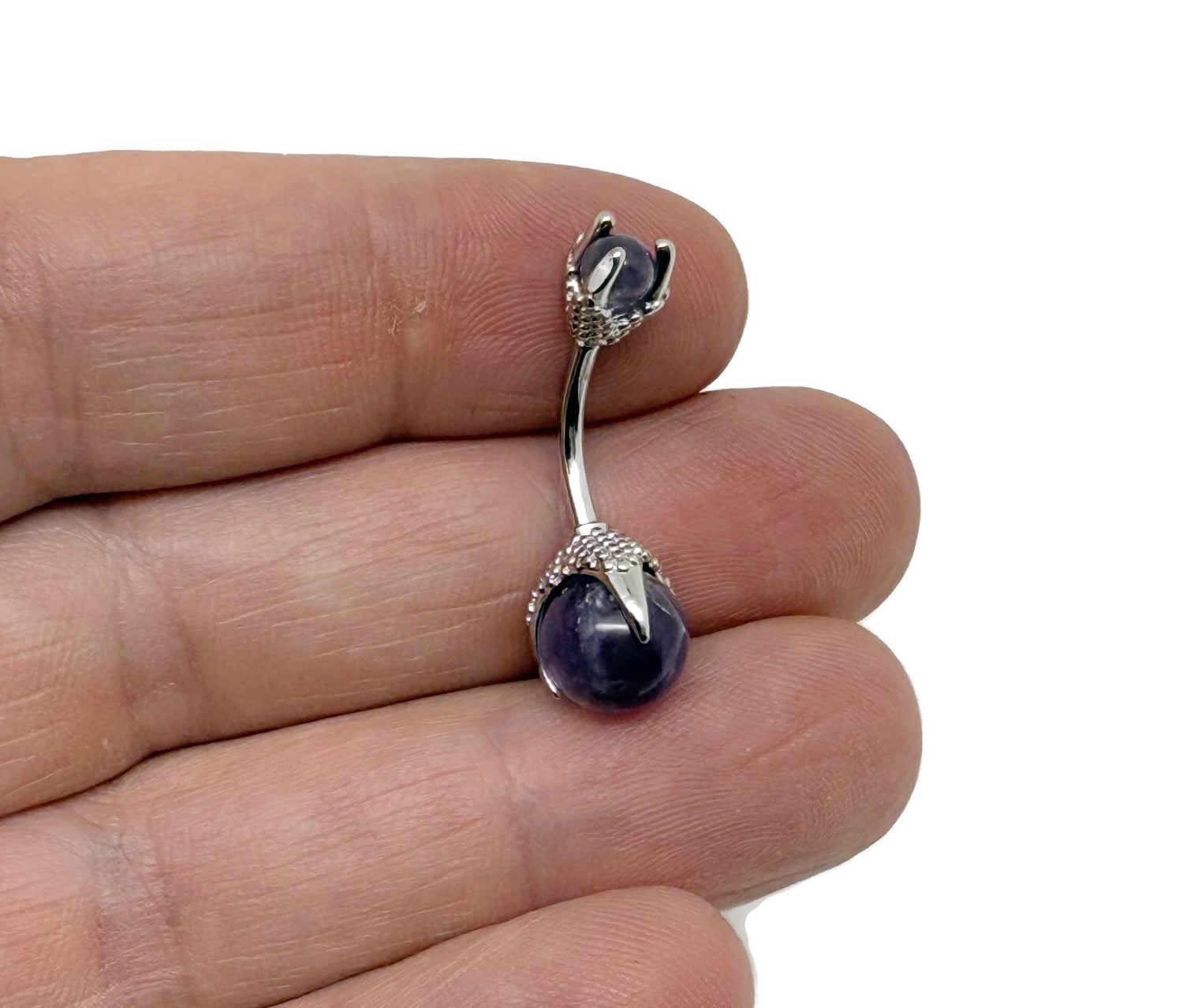 Silver stainless steel amethyst belly button ring with a purple gemstone seen from the front, designed for navel piercing.