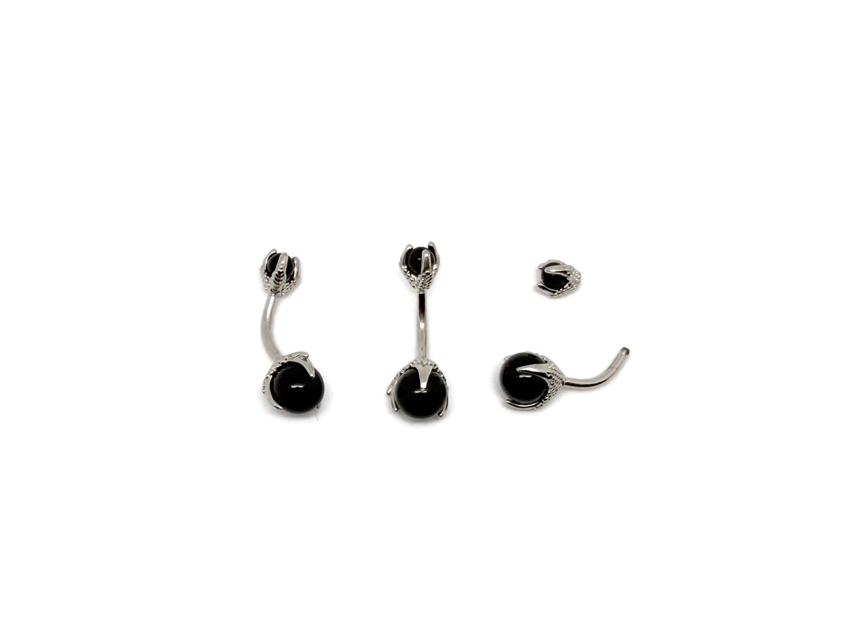 Silver stainless steel obsidian belly button ring with a sleek design, perfect for navel piercing.
