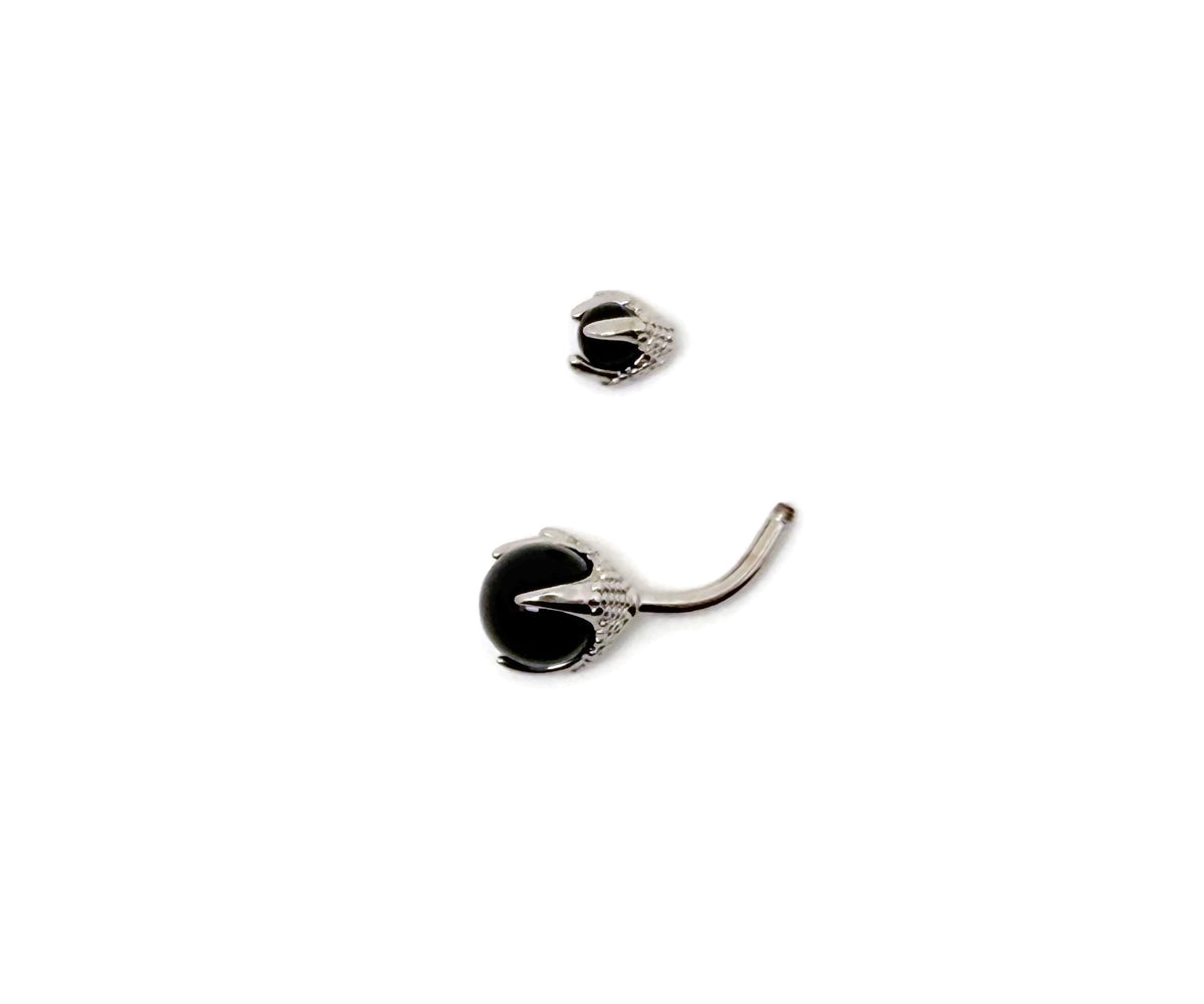 Silver stainless steel obsidian belly button ring with a sleek design for navel piercing, featuring a polished black gemstone.