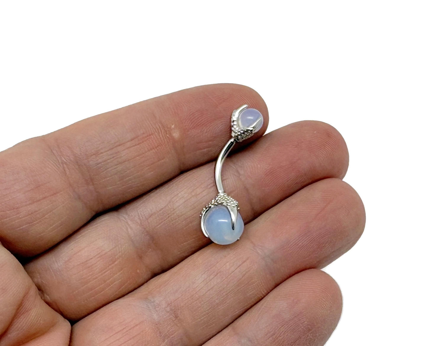 Opalite belly button ring with silver stainless steel design, navel piercing jewelry featuring a smooth, oval gemstone.