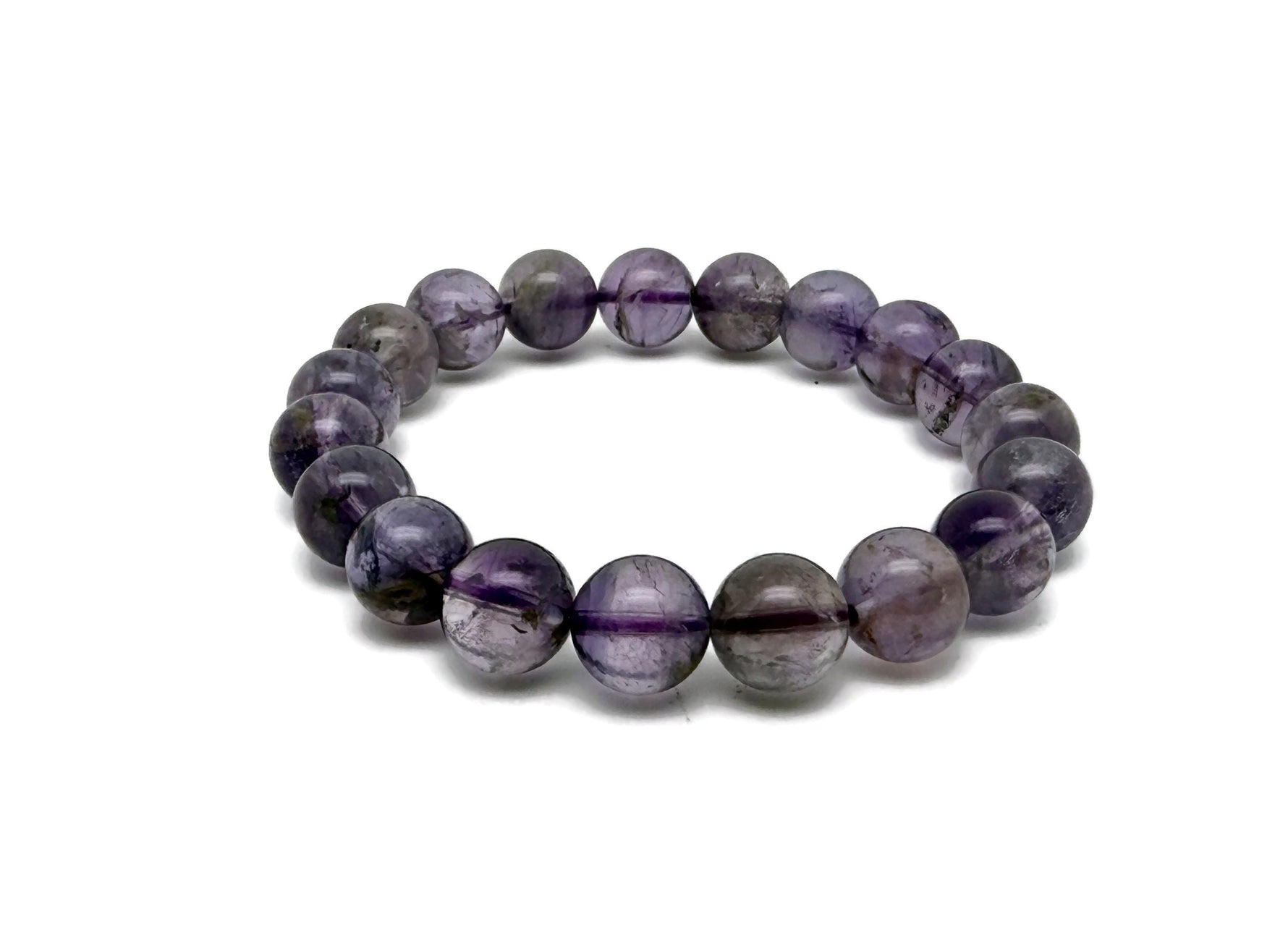 Stretchy amethyst beaded crystal bracelet for men and women, featuring polished purple stones for healing and style.