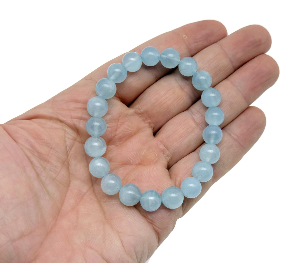 Aquamarine beaded crystal bracelet for men and women, stretchy design with healing crystal stones by GemstoneGO.