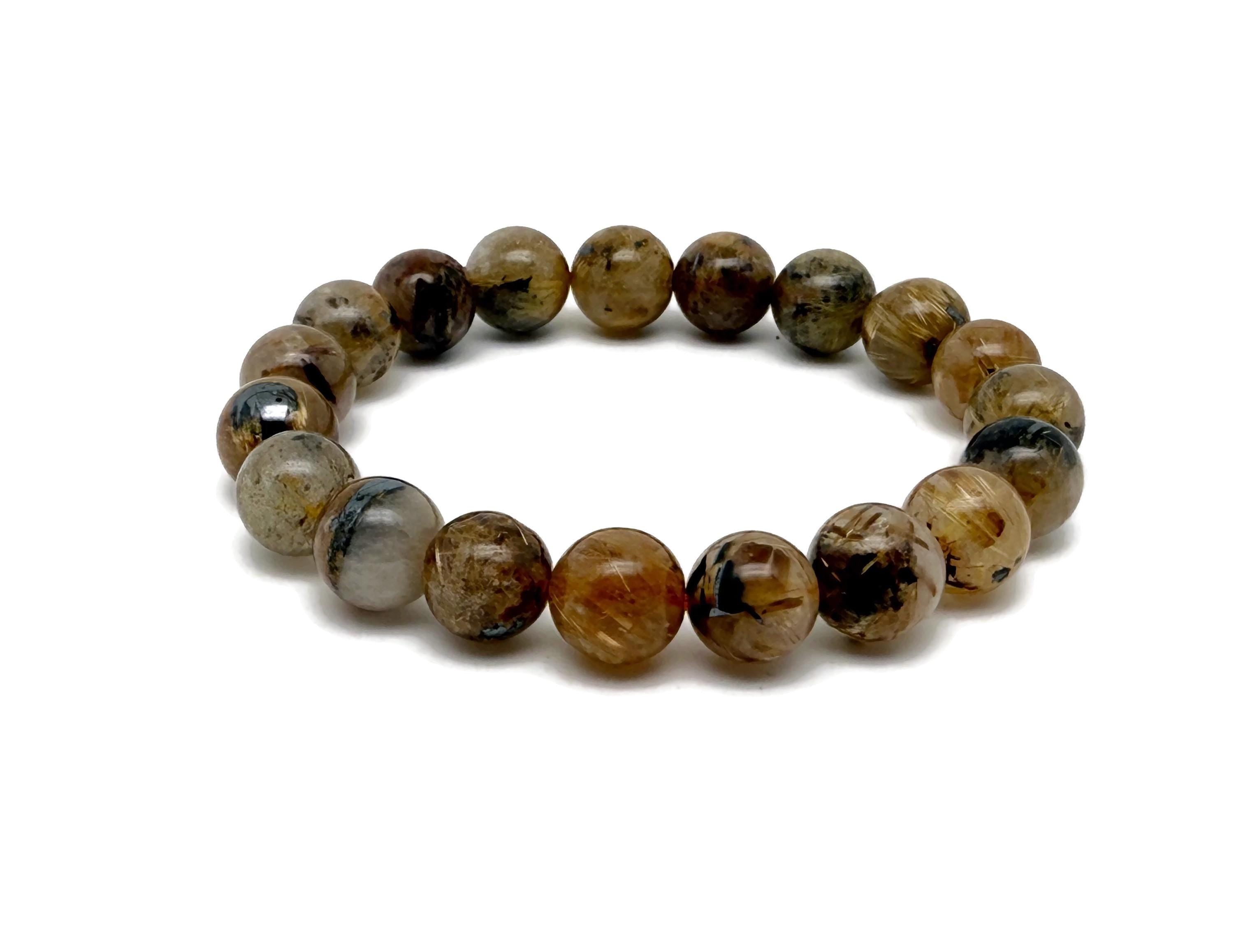 Golden rutilated quartz beaded crystal bracelet for men and women, featuring stretchy design and gemstone healing properties.