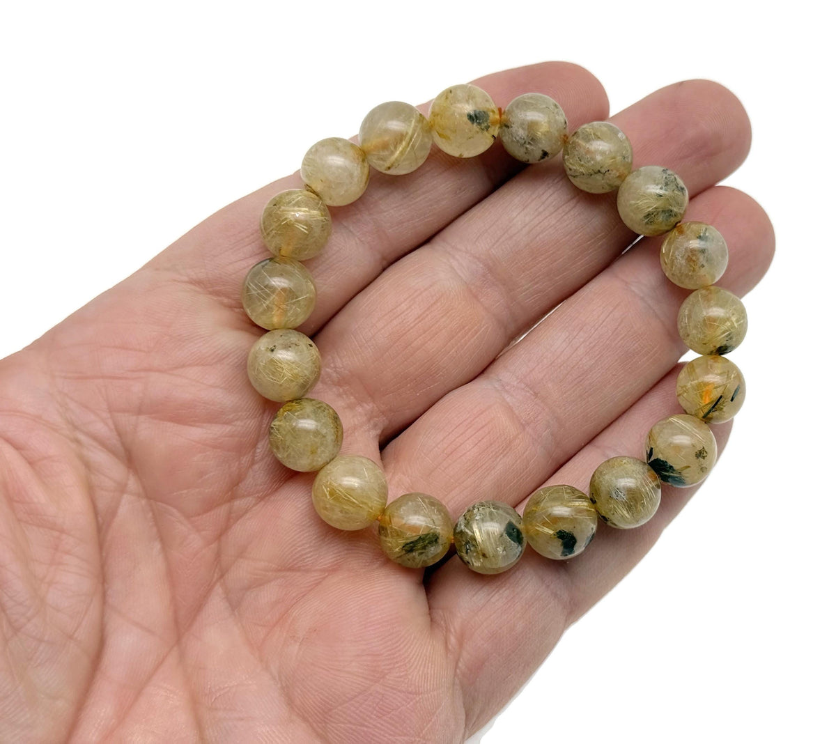 Golden rutilated quartz beaded crystal bracelet with stretchy band, suitable for men and women, ideal for crystal healing.