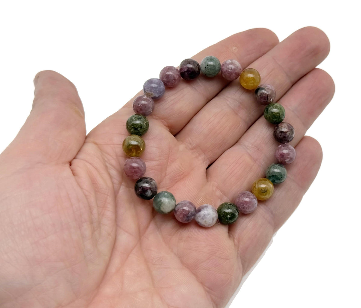 Rainbow tourmaline beaded crystal bracelet by GemstoneGO, featuring colorful stretch beads ideal for crystal healing.