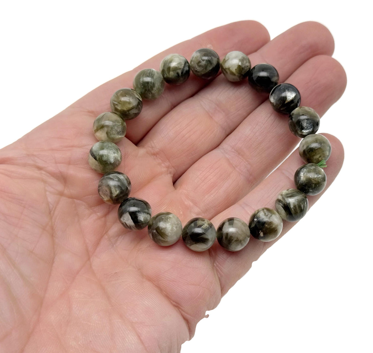 Green Lepidolite beaded crystal bracelet with stretchy band, suitable for men and women, featuring healing gemstone beads.