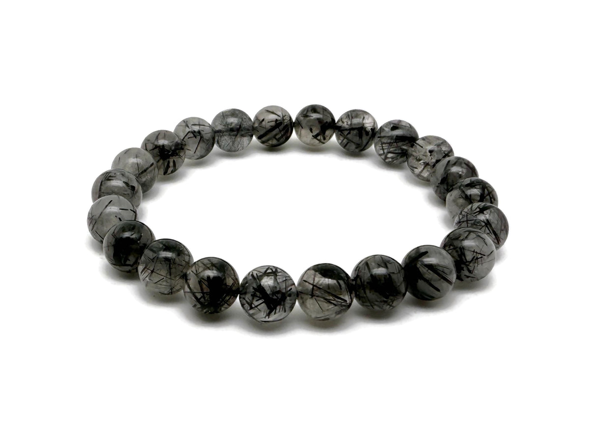 Tourmalinated Quartz beaded crystal bracelet with black and clear stones, stretchy design for men and women, gemstone healing accessory