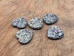 Dalmatian Jasper heart worry stone from GemstoneGO, a soothing crystal with black spots on a cream background, used for stress relief.