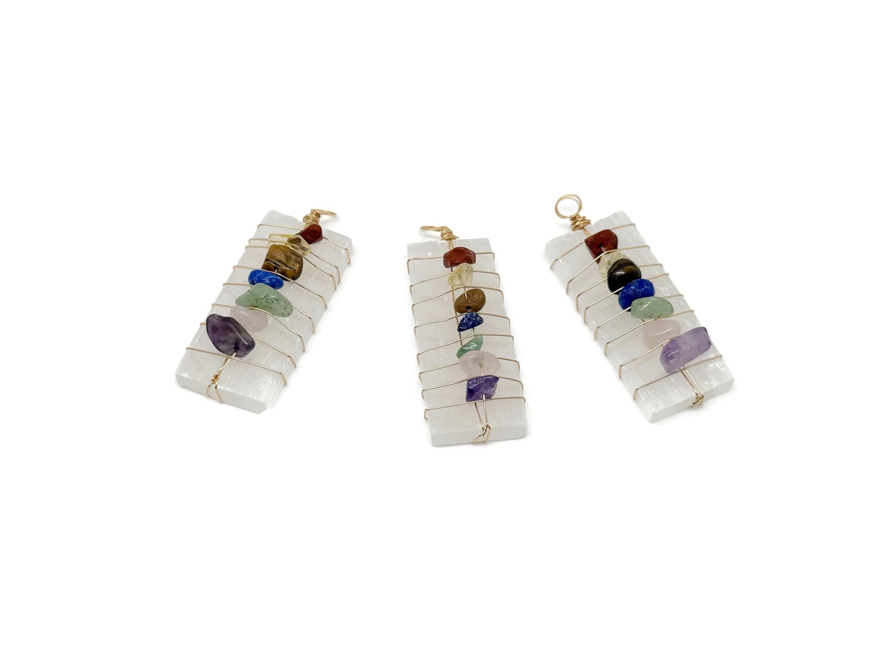 Selenite sticks pendant with chakra stones, gemstone pendant featuring a clear Selenite crystal and colorful chakra gemstones.