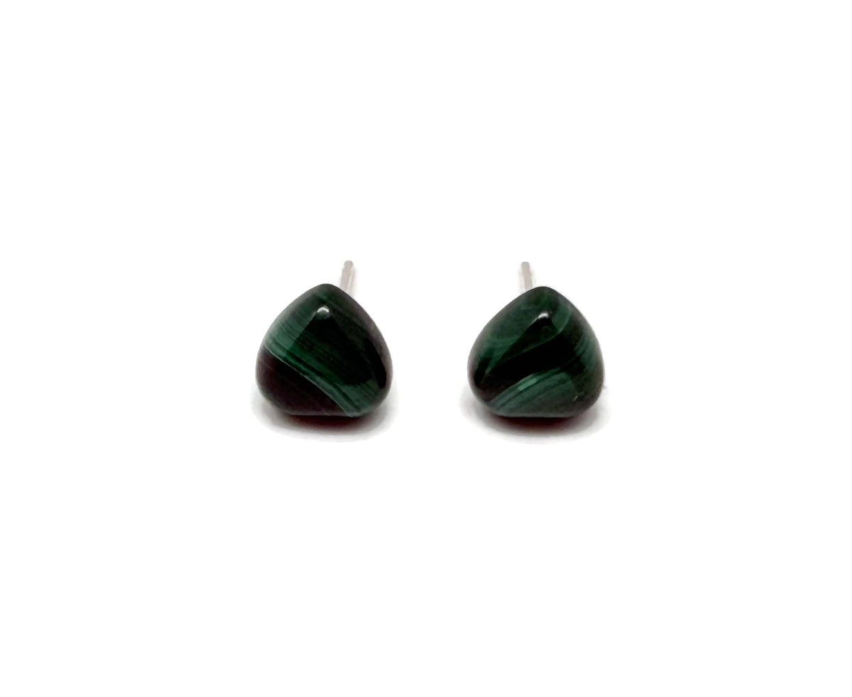 Sterling silver Malachite heart stud earrings from GemstoneGO, featuring polished green gemstone hearts on silver posts.