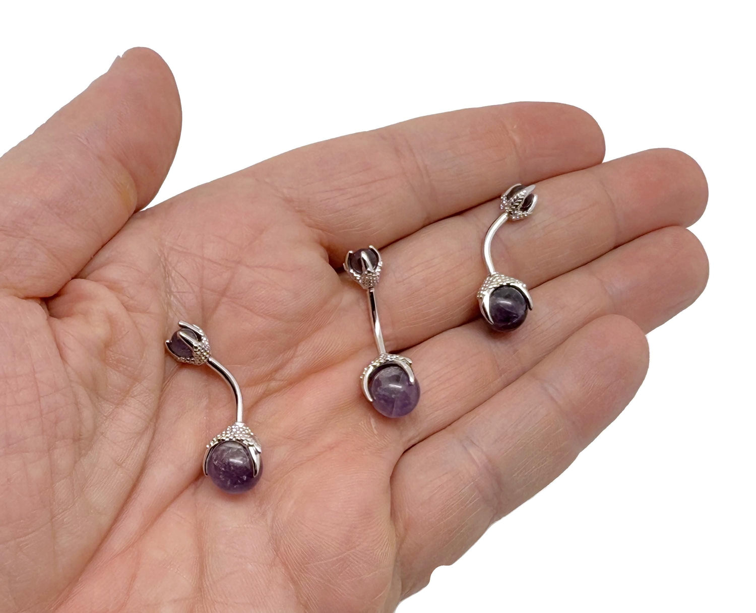 Silver stainless steel amethyst belly button ring with a purple gemstone, designed for navel piercing by GemstoneGO.