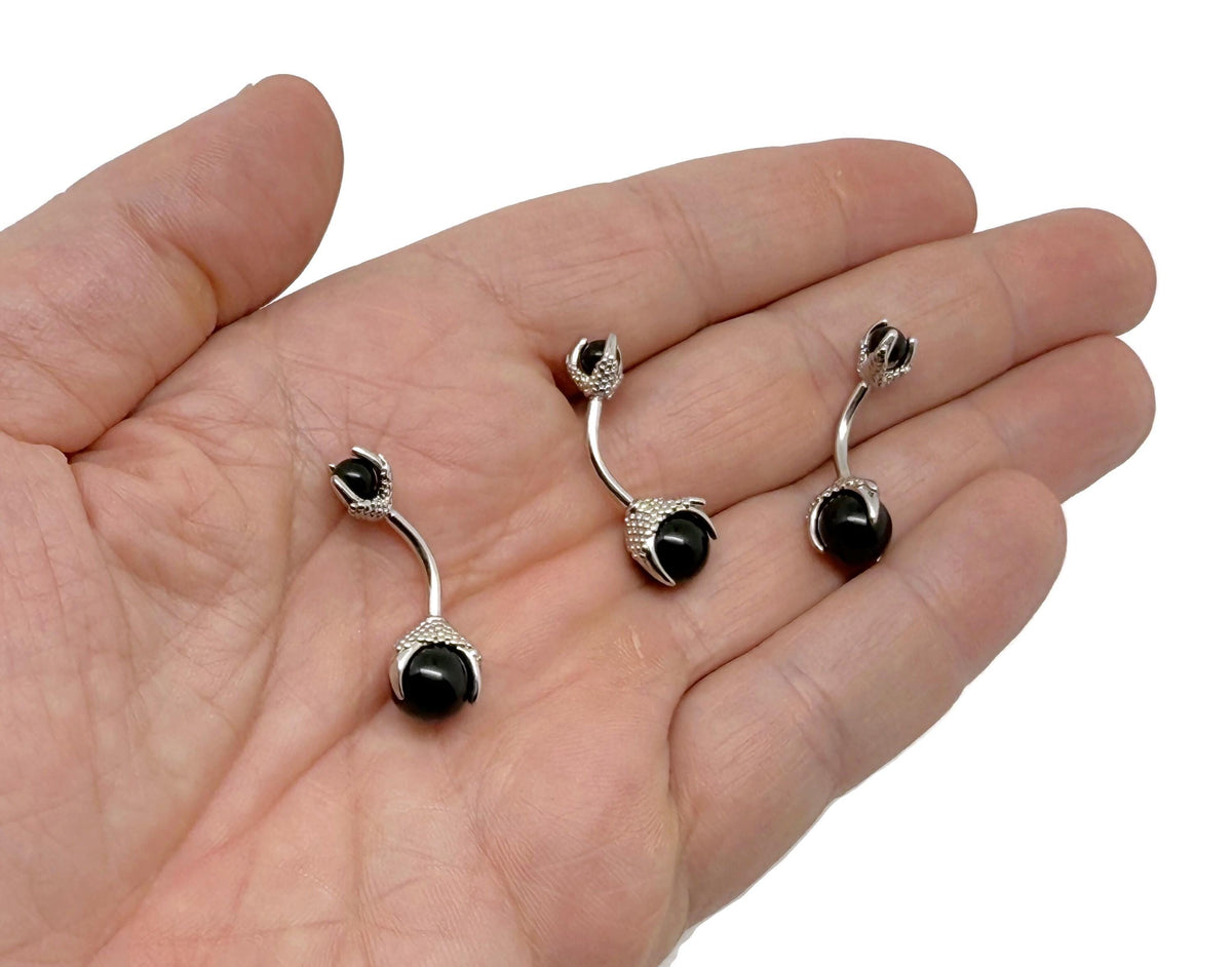 Silver stainless steel obsidian belly button ring with decorative gemstone design for navel piercing by GemstoneGO.