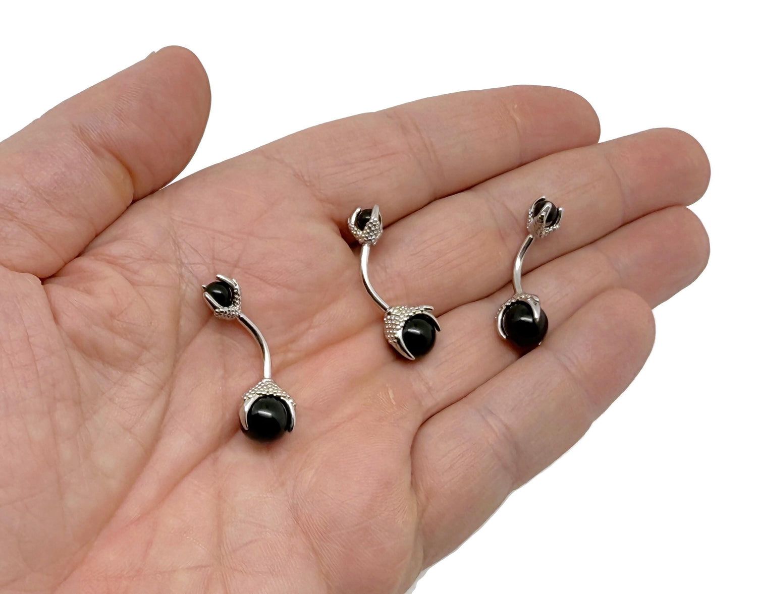 Silver stainless steel obsidian belly button ring with decorative gemstone design for navel piercing by GemstoneGO.