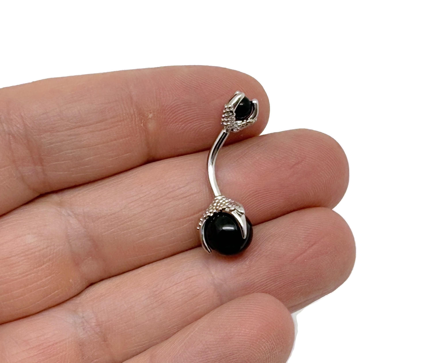 Silver stainless steel obsidian belly button ring with decorative gemstone and piercing ball, designed for navel jewelry.
